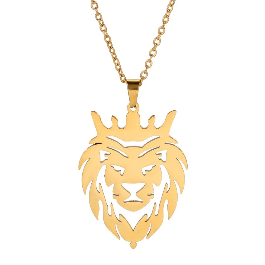 Collar Cabeza Leon Corona King Acero Dorado