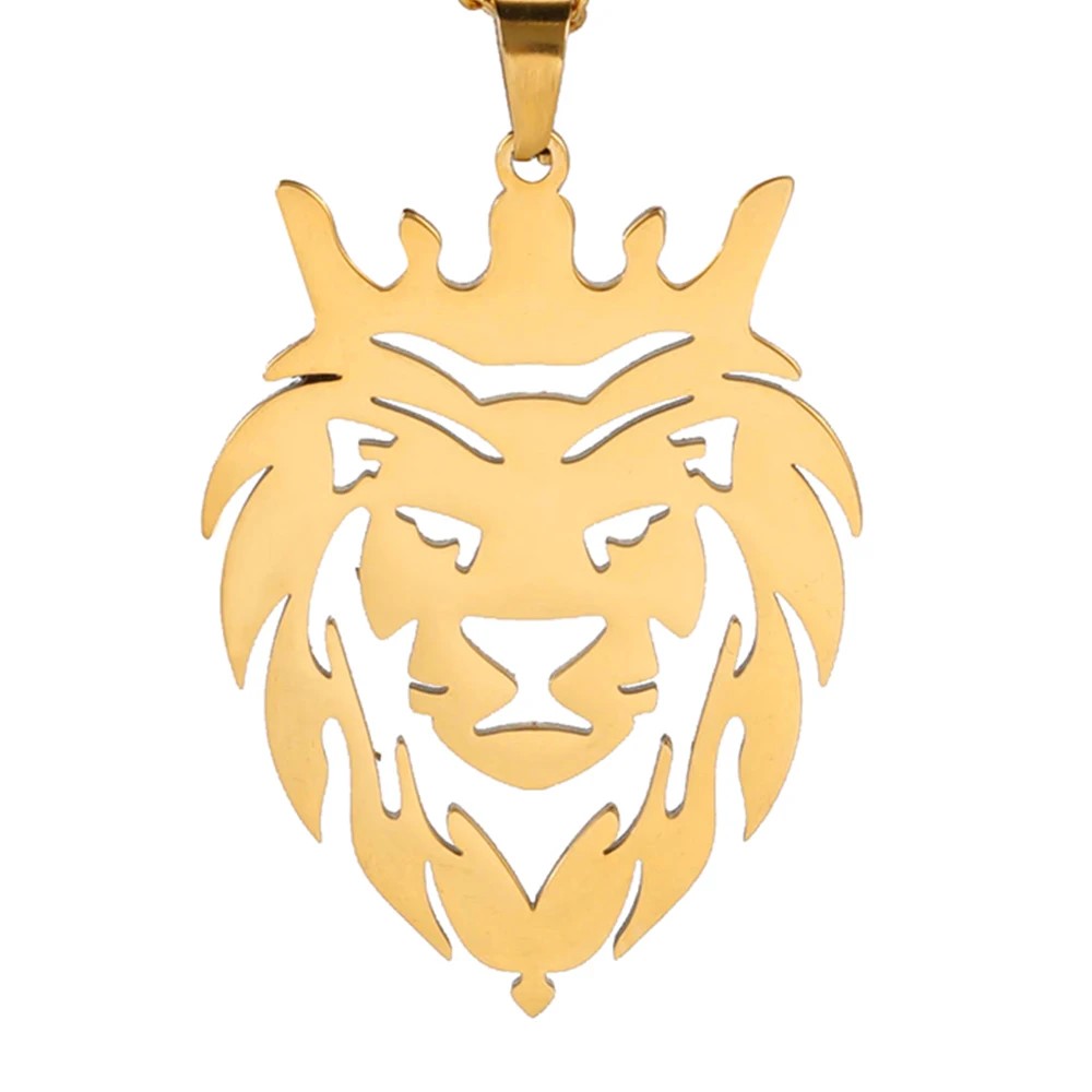 Collar Cabeza Leon Corona King Acero Dorado - Imagen 2