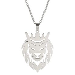 Collar Cabeza Leon Corona King Acero Plateado