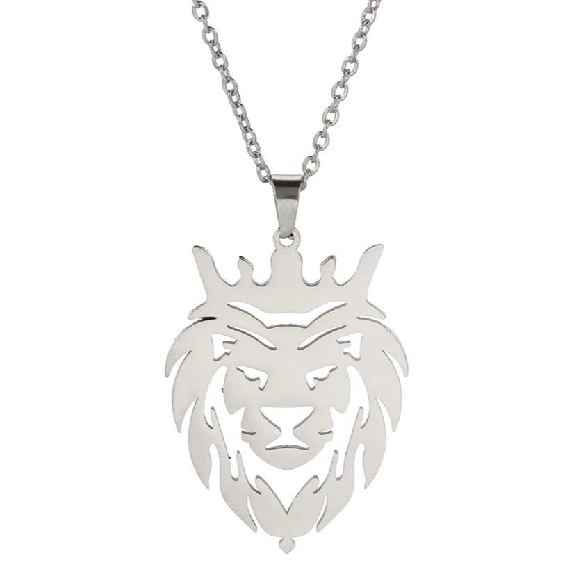 Collar Cabeza Leon Corona King Acero Plateado