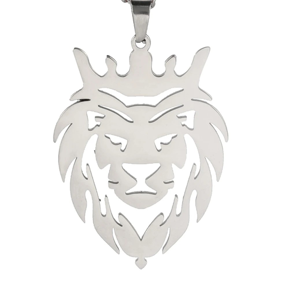 Collar Cabeza Leon Corona King Acero Plateado - Imagen 2