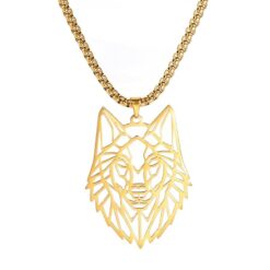 Collar Cabeza Lobo Wolf Acero Geométrico Dorado