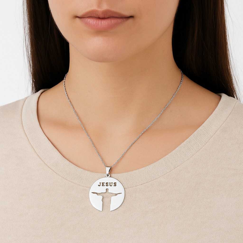 Collar Jesús Cristo Redentor Acero Plateado - Imagen 3