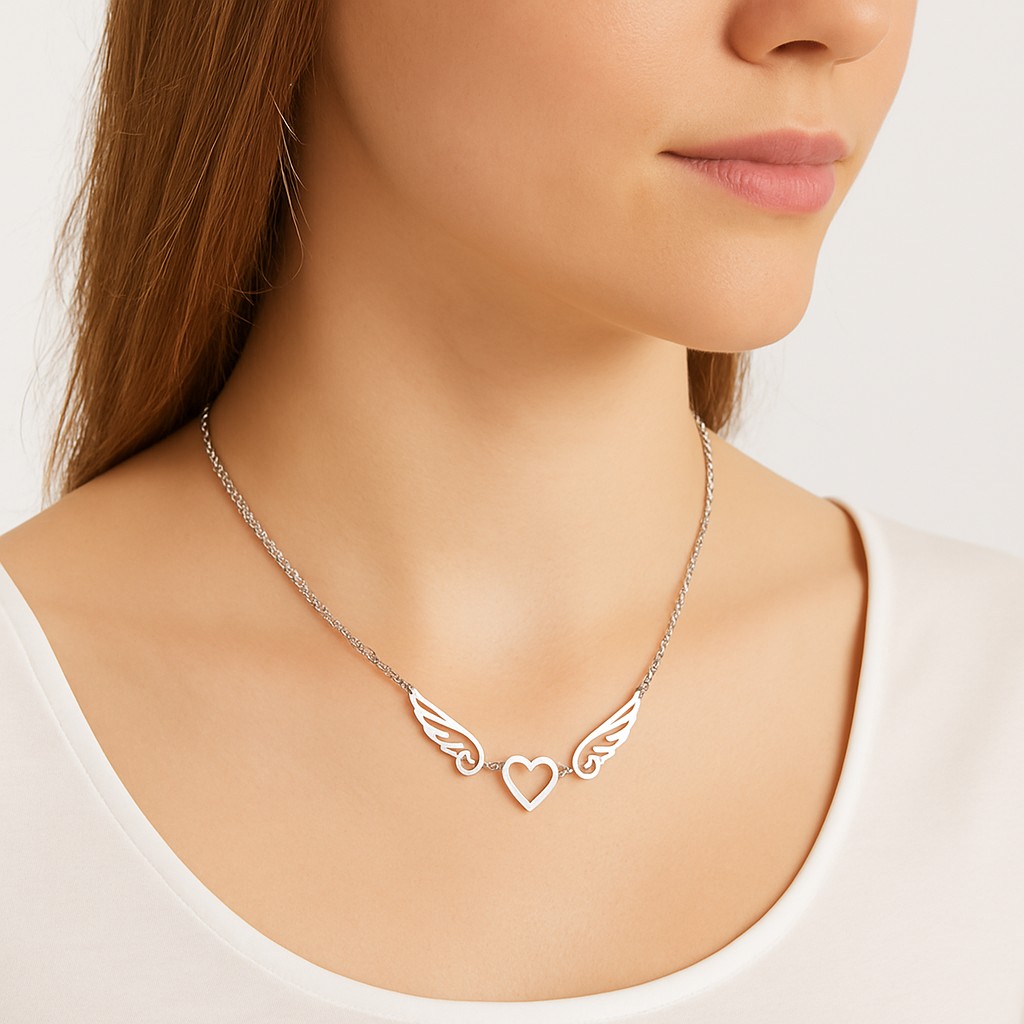 Collar Alas de Ángel corazón Acero Plateado