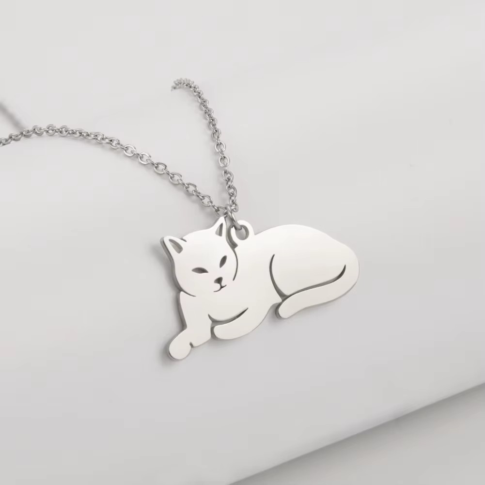 Collar Gato Acostado Gatito Acero Plateado