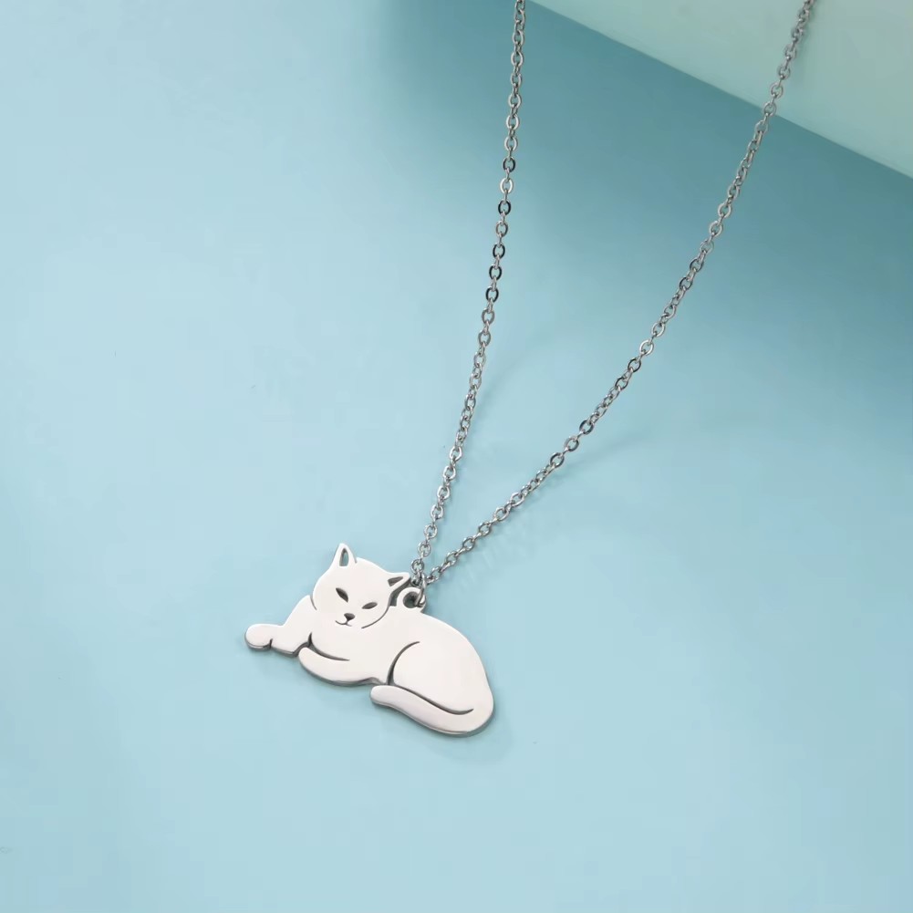 Collar Gato Acostado Gatito Acero Plateado