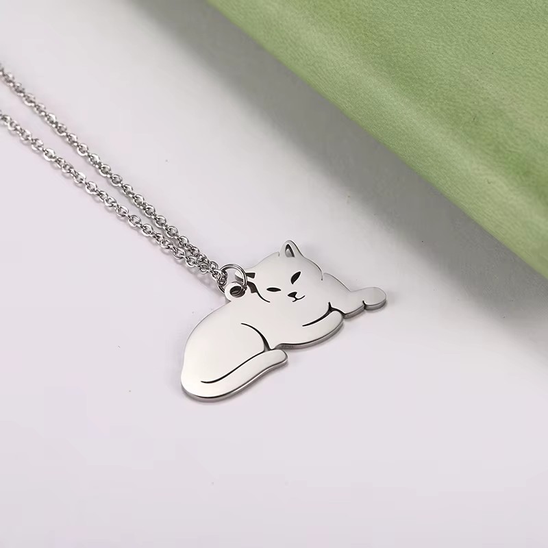 Collar Gato Acostado Gatito Acero Plateado