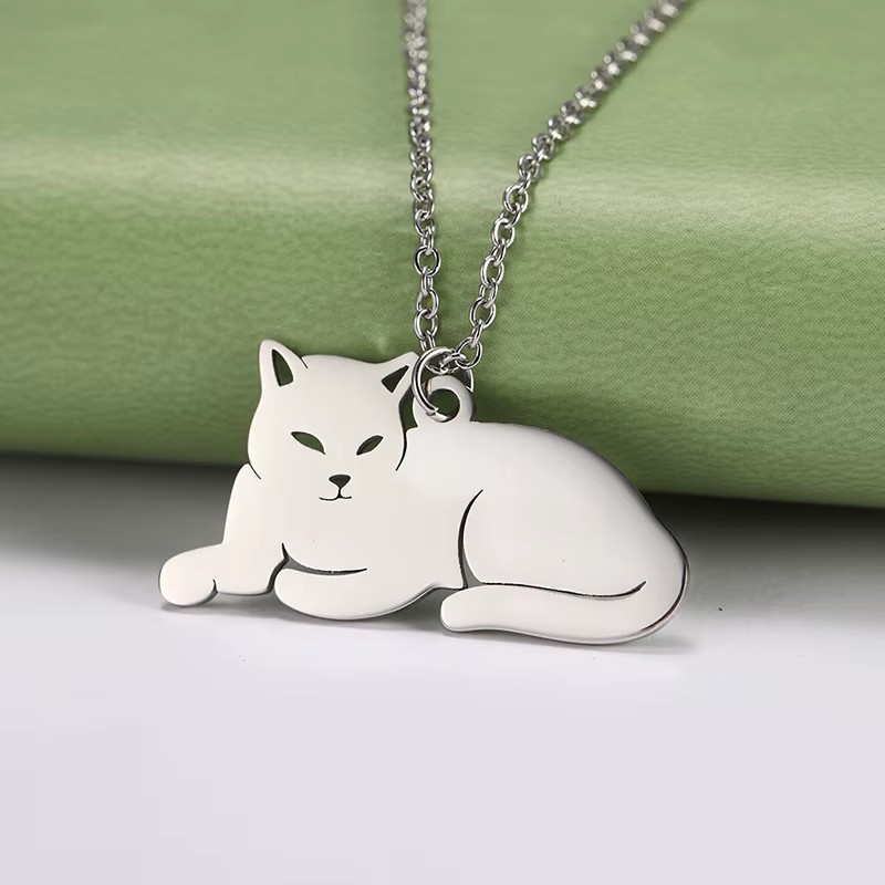 Collar Gato Acostado Gatito Acero Plateado