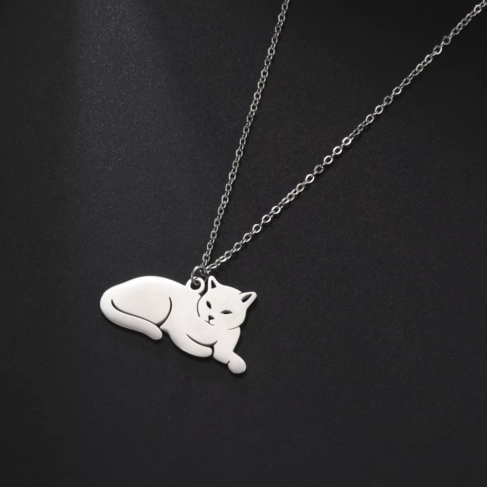 Collar Gato Acostado Gatito Acero Plateado