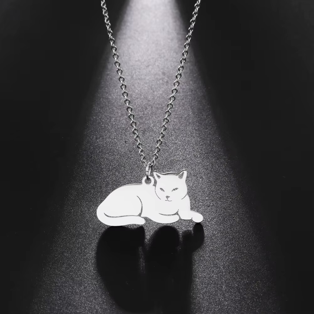 Collar Gato Acostado Gatito Acero Plateado