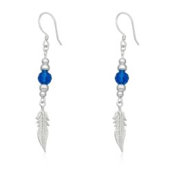 Aros Plata 925 Pluma y Cristal Azul Colgante
