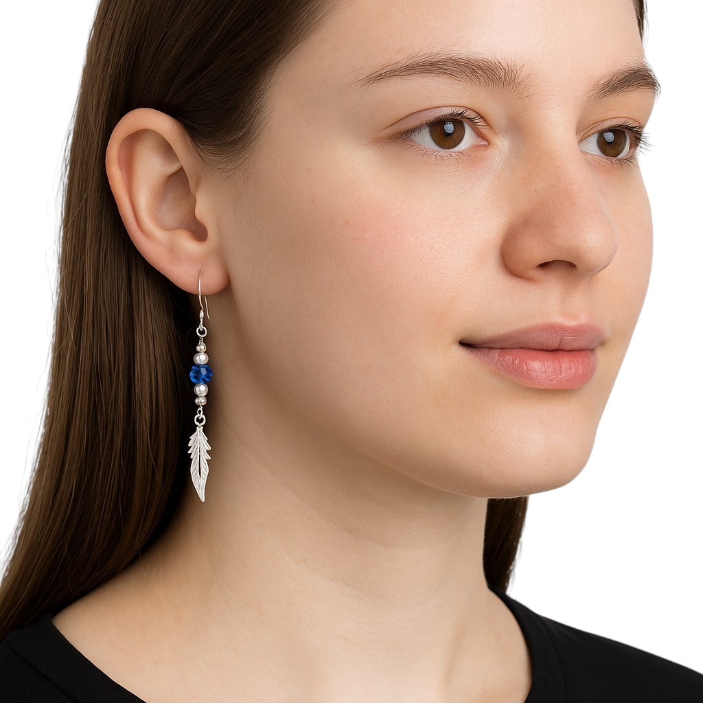 Aros Plata 925 Pluma y Cristal Azul Colgante