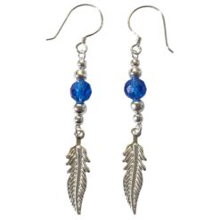 Aros Plata 925 Pluma y Cristal Azul Colgante
