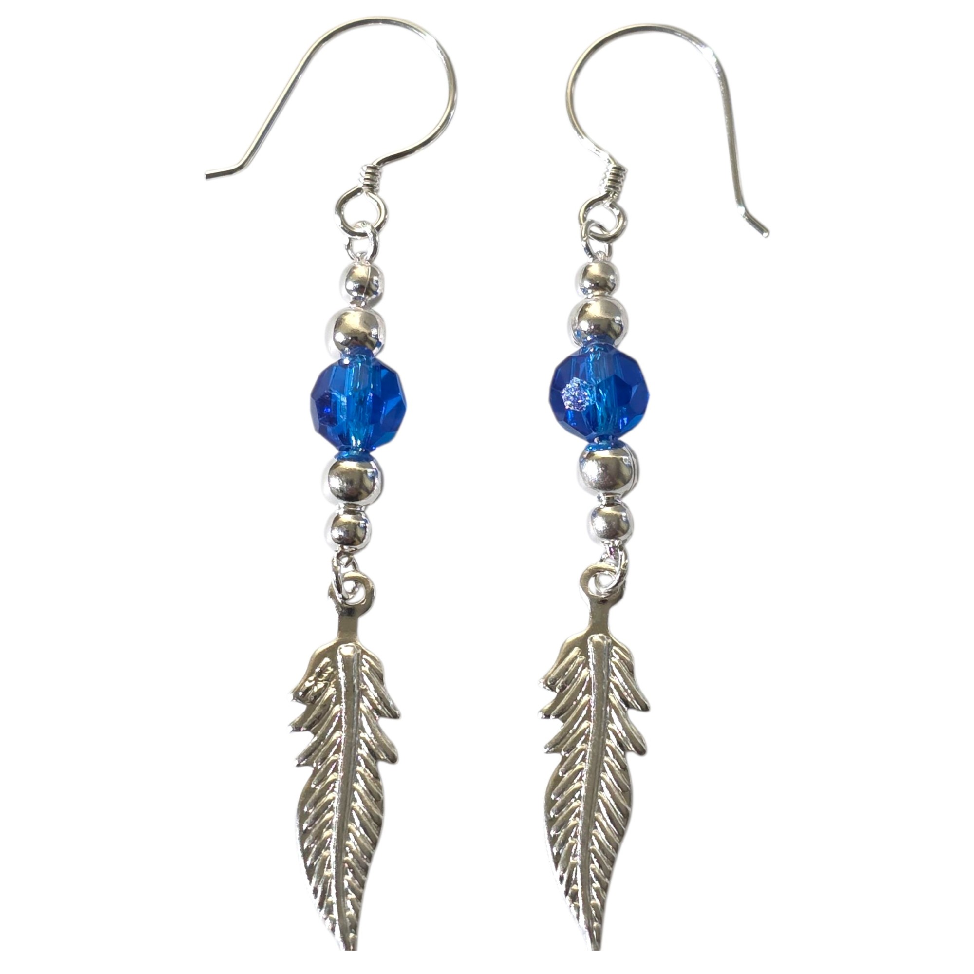 Aros Plata 925 Pluma y Cristal Azul Colgante