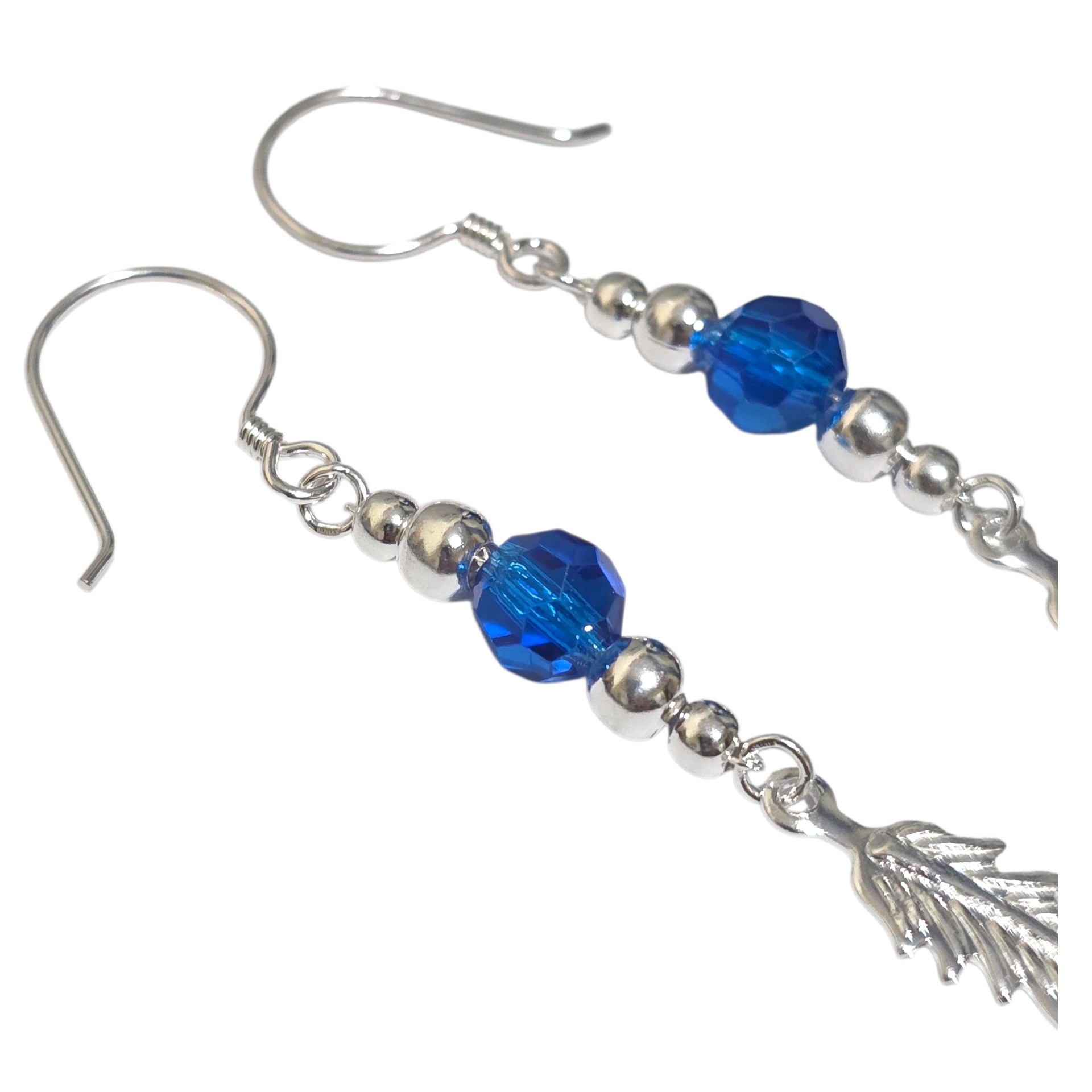 Aros Plata 925 Pluma y Cristal Azul Colgante